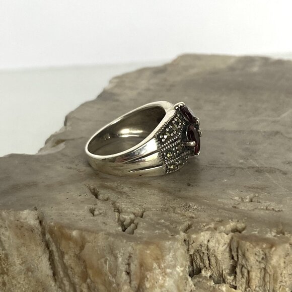 Sterling Silver 925 Multi Gemstone Garnet & Marcasite Floral Band Ring Sz 6.25 - Picture 5 of 16